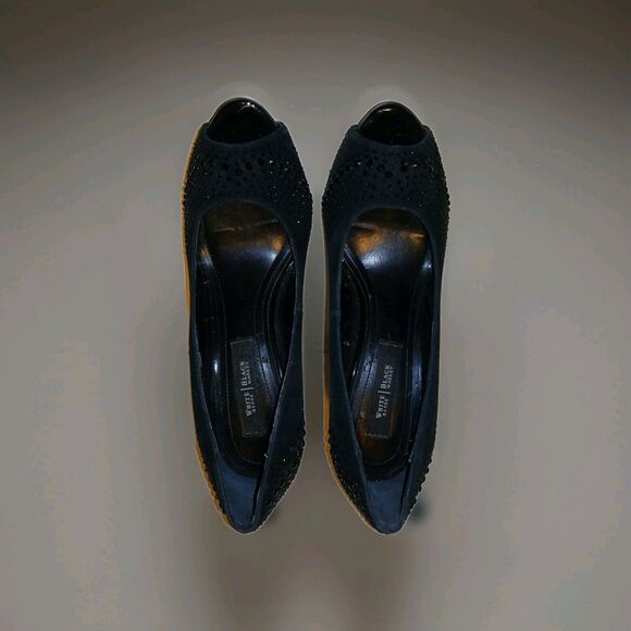 WHBM Black Sequined Stiletto Heels Pumps 4.5" Sz 6M Sexy Chic Peep-Toe Evening - Picture 7 of 13